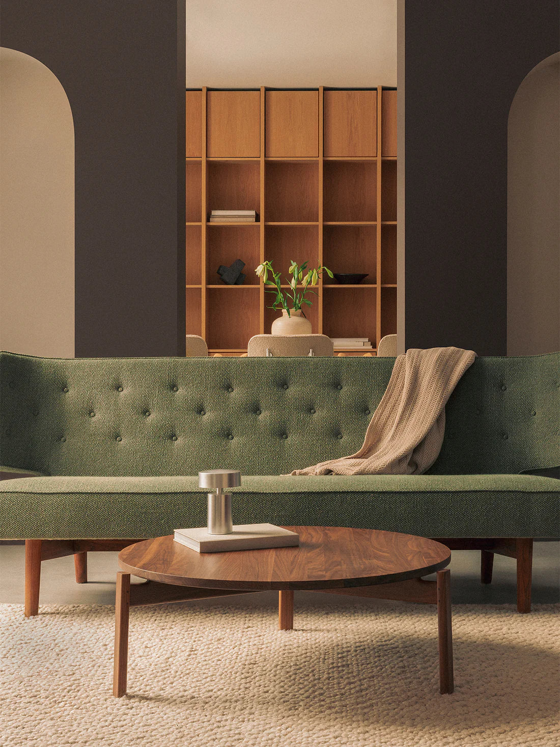 Audo Copenhagen Radius Sofa with the Passage Lounge Table and Portable Aluminium Lamp