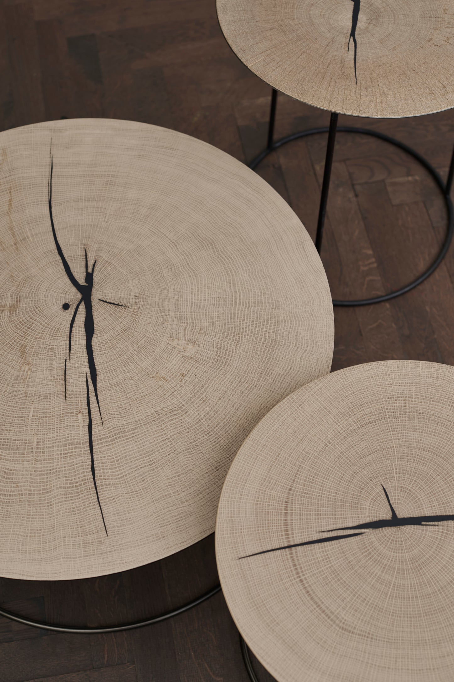 Three different sizes of the Nimbus Coffee Table - clearly showing the beautiful details in the oak wood tabletops.
