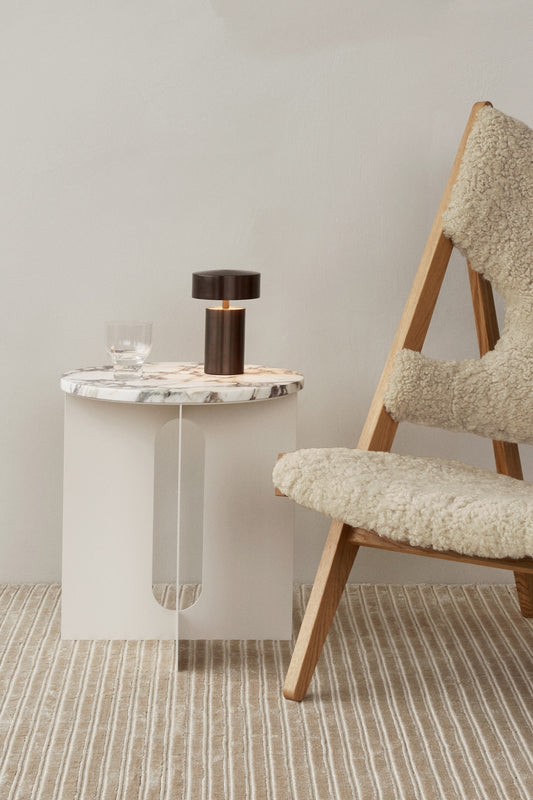 Audo Copenhagen Androgyne Side Table Table top Calacatta Viola Marble with Knitting Chair