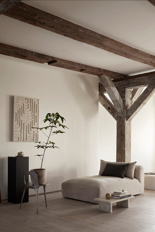 Sofa Module Long by Tine k home in taup  grey minimal interior setting with wabi sabi feeling.