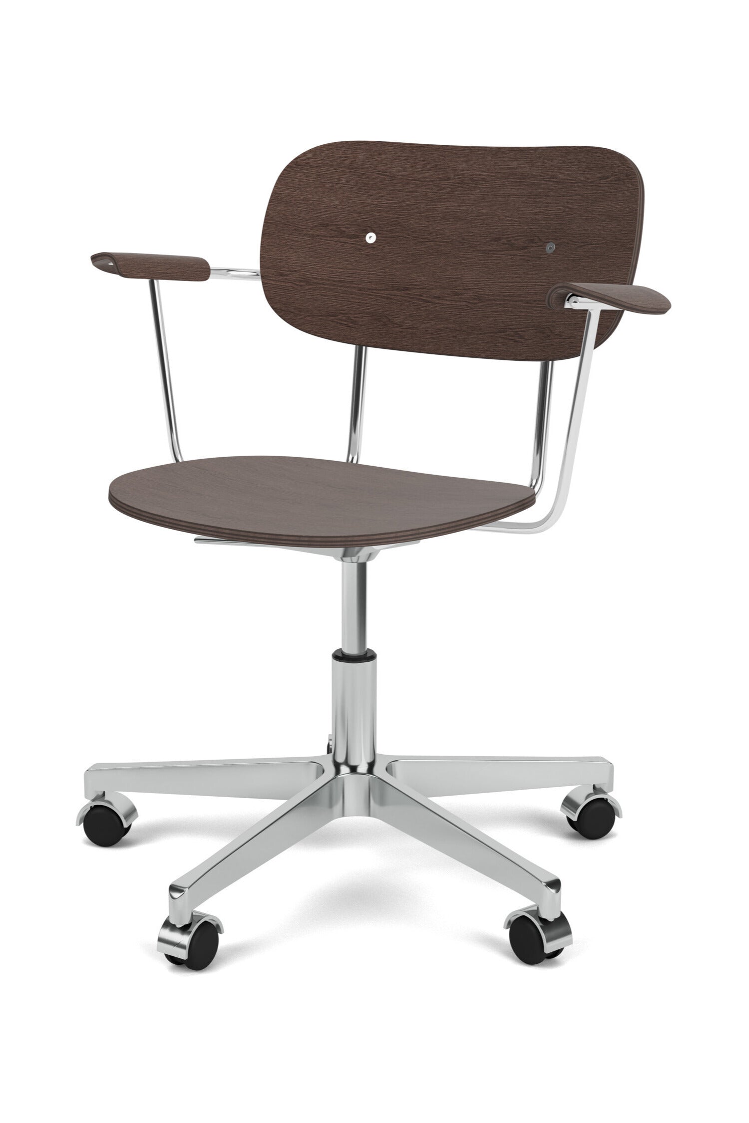 Co Task Chair veneer dark stained oak with brown veneer and polished aluminum base.