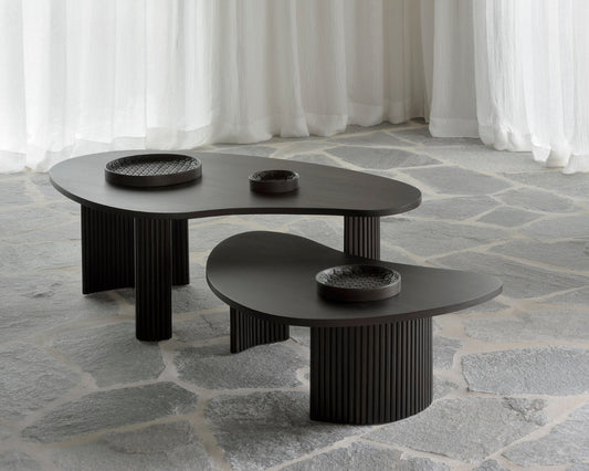 The Boomerang Coffee Tables in Dark Brown Mahogany by Ethnicraft both sizes