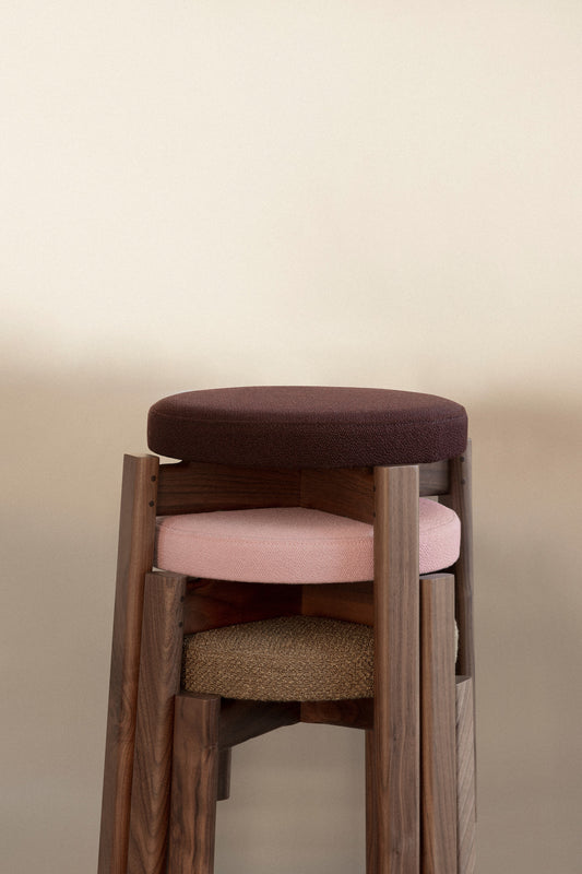 Passage Stool Upholstered in Walnut from Audo Copenhagen. At the top the Vidar 0693, in the middle the Vidar 0526 and the bottom one is Audo Bouclé 06