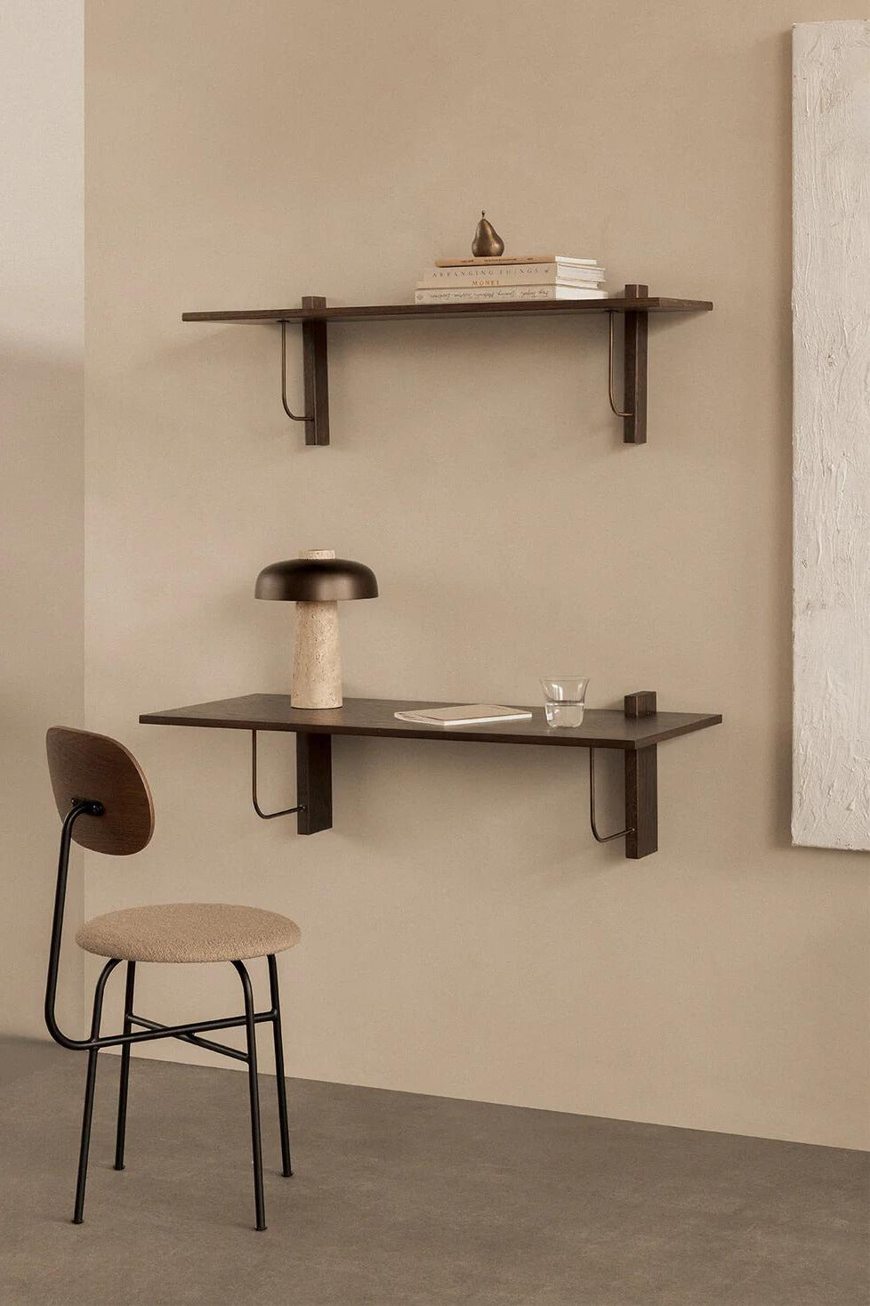 Corbel Wall Shelf and desk dark stained oak in office setting with desk chair