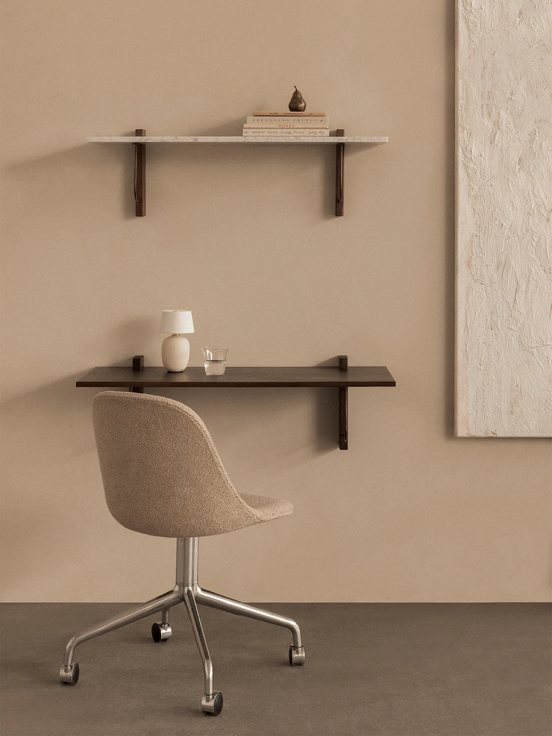 Corbel Wall Shelf in white marble and desk dark stained oak in office setting with desk chair