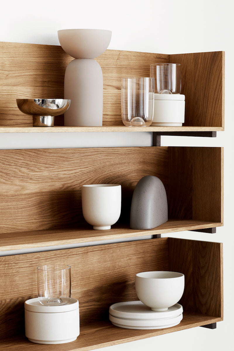 Stack Wall Shelf Oak by Kristina Dam detail photo with tableware on the shelves