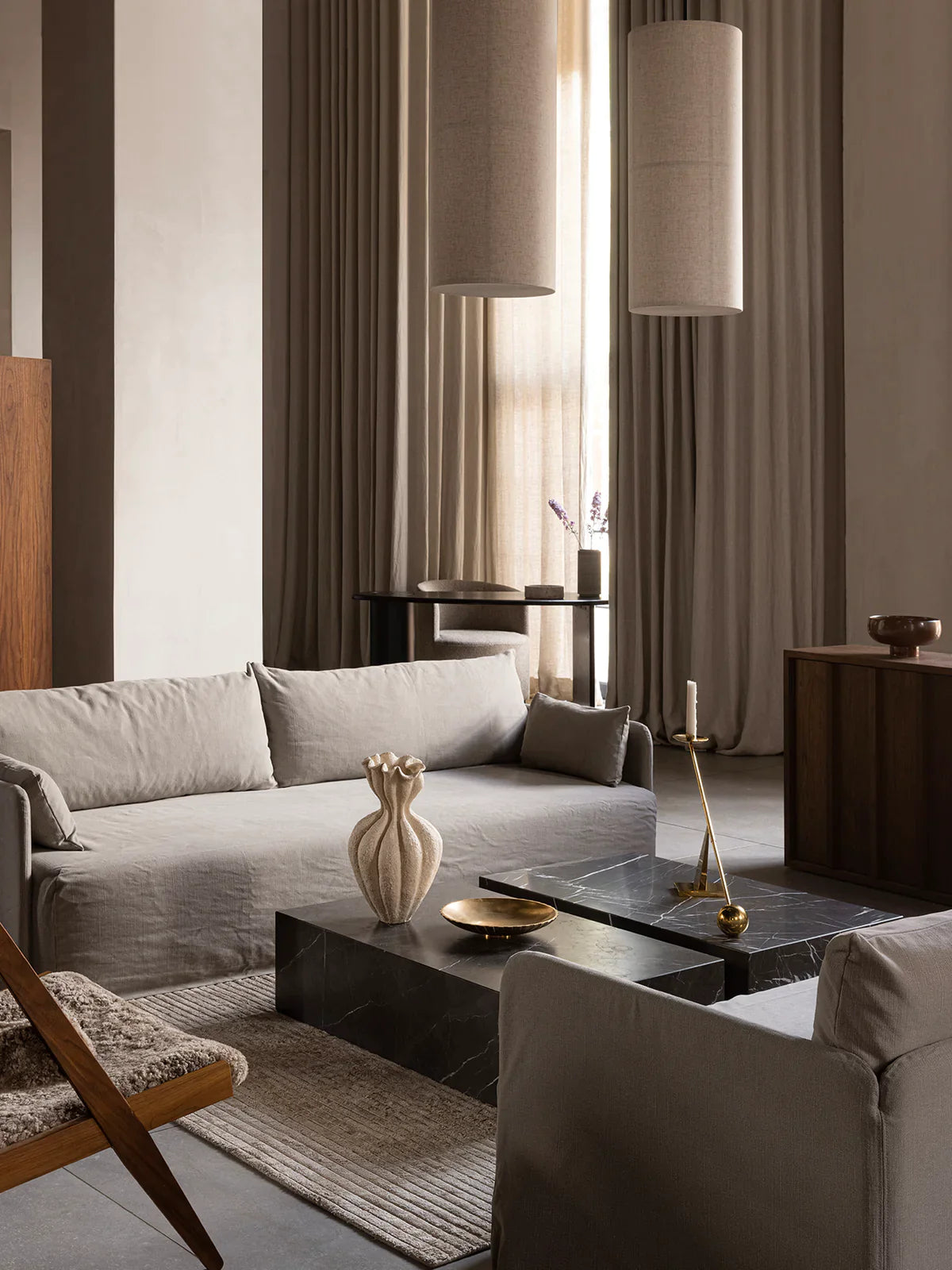 Menu Hashira Pendant Lamps in a design interior living room space.
