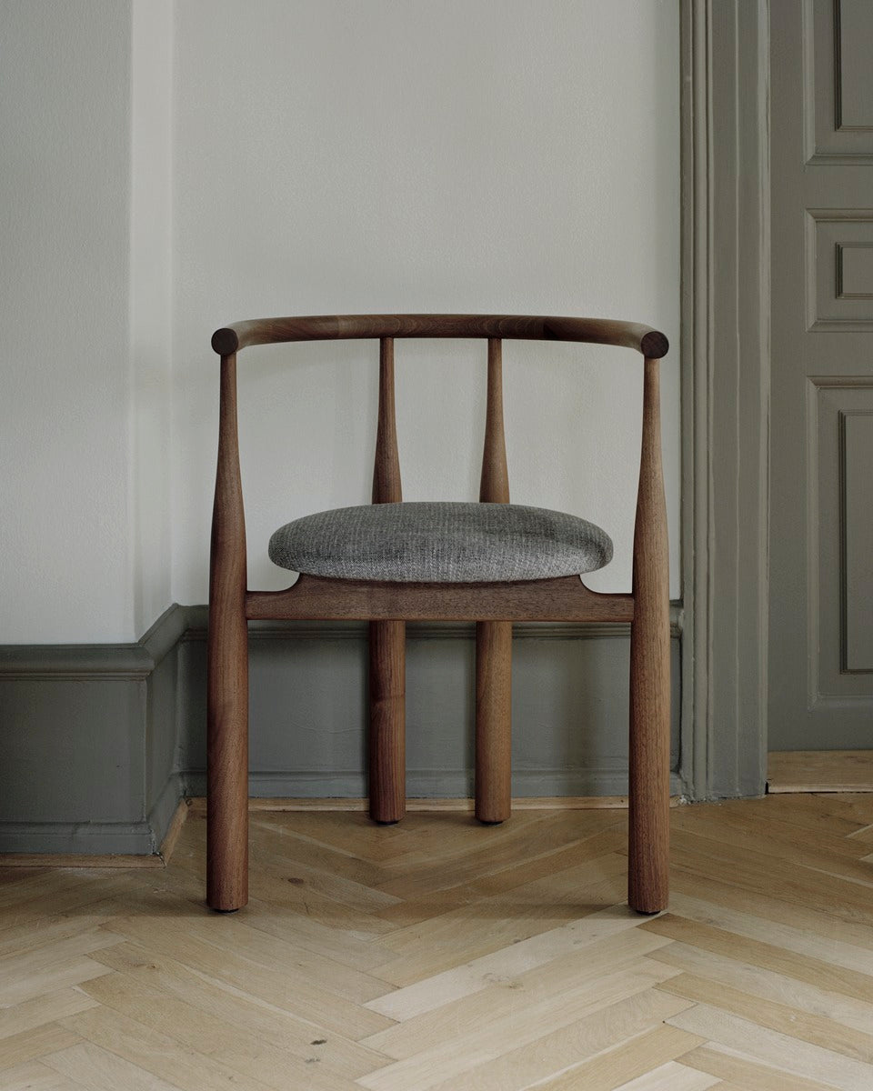 The Bukowski Chair Walnut Osborne & Little Carnavon Cacao Stone by New Works front view