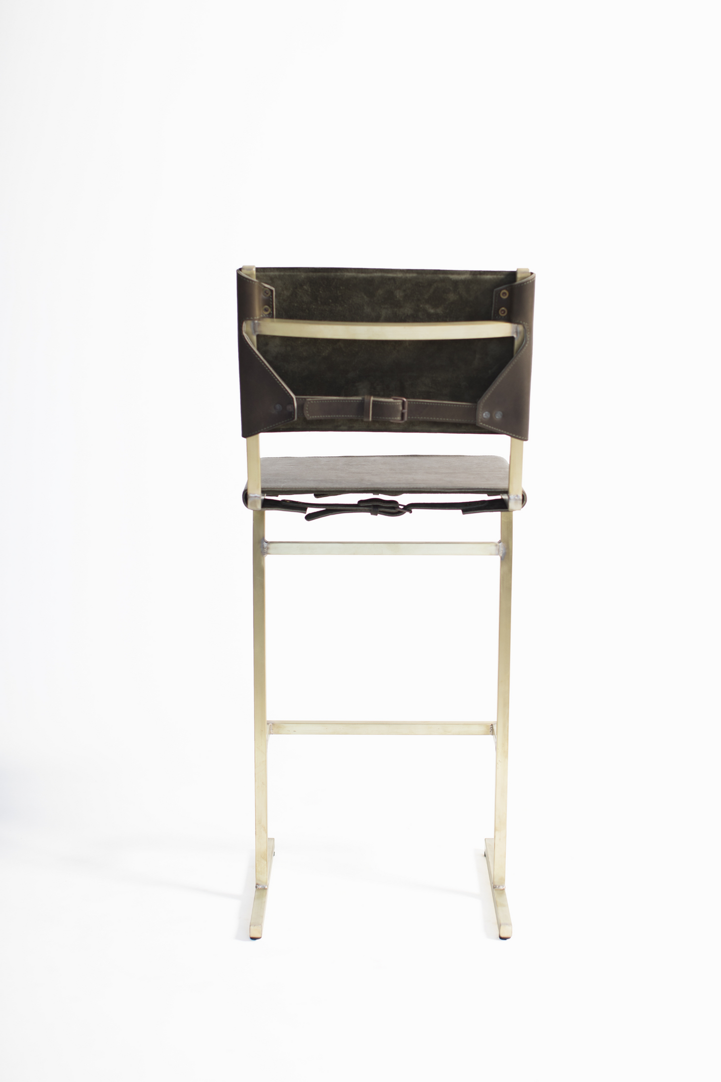 The Memento Bar Stool with Brass Frame by WDSTCK. Dark Brown upholstery