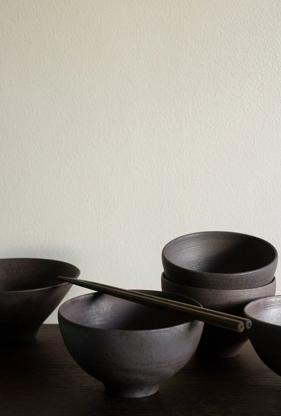 Hand-made, wood-fired ceramic black bowls by Bonni Bonne.