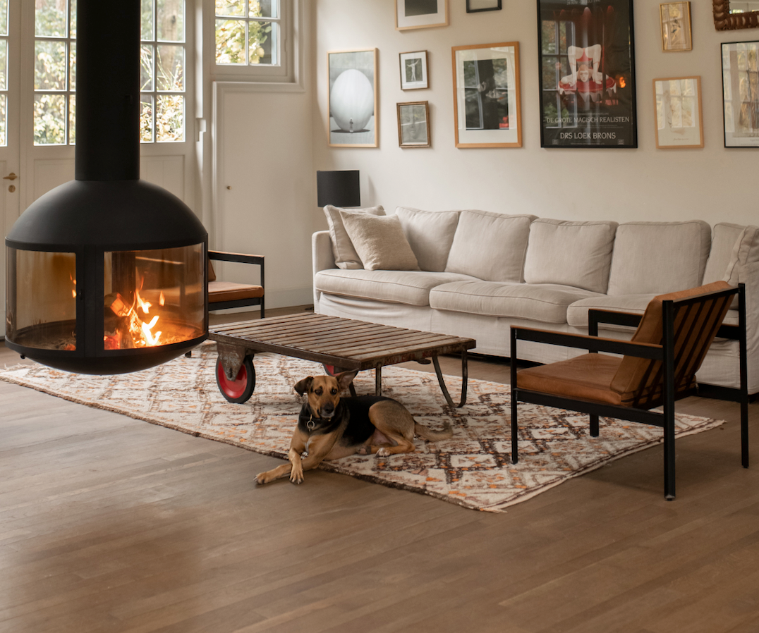 Cosy living room with hanging fireplace