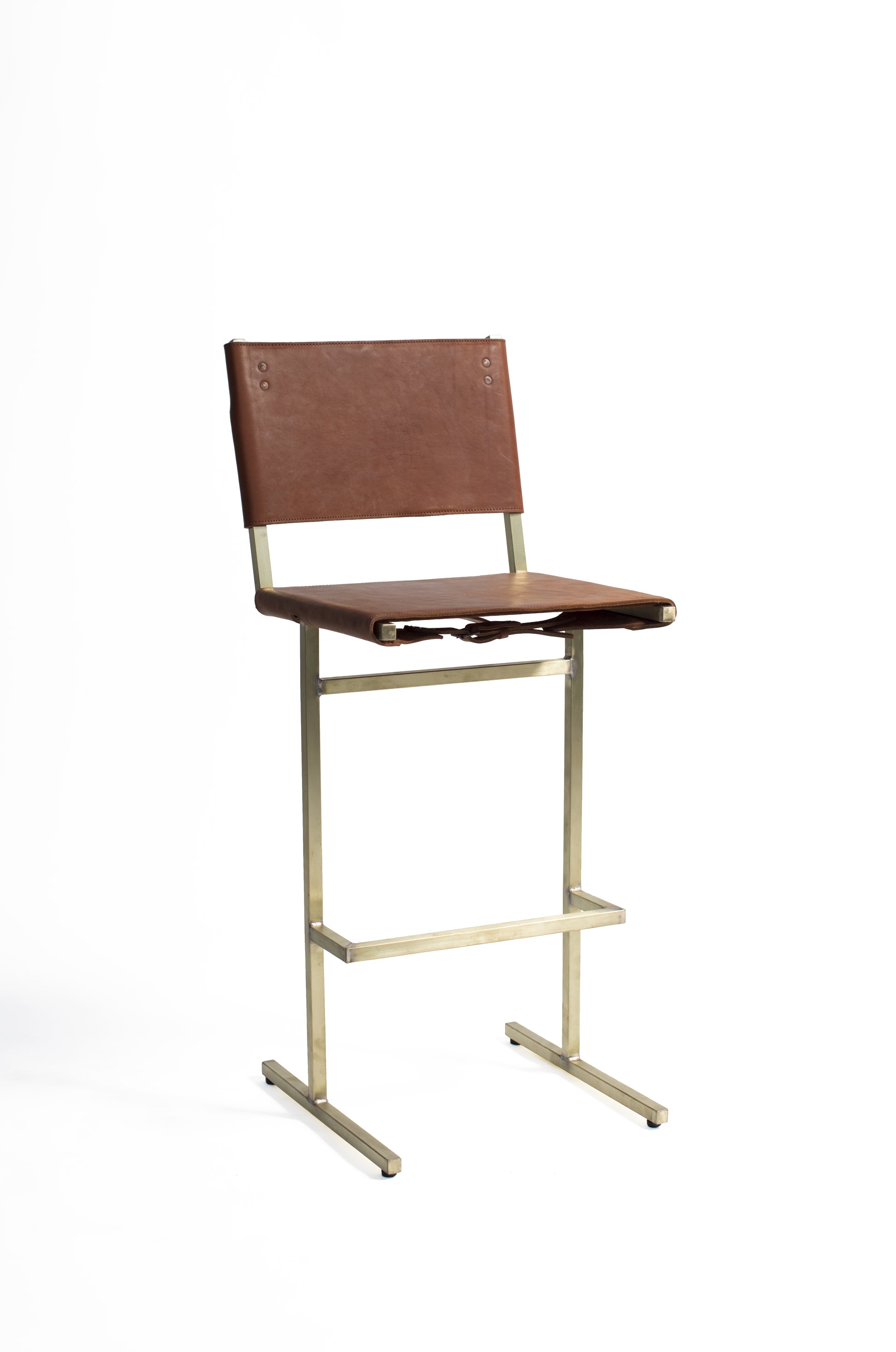 The Memento Bar Stool with Brass Frame by WDSTCK. Brown upholstery