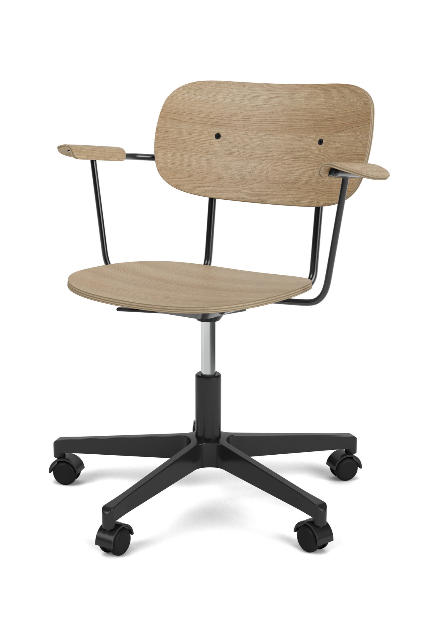  Co Task Chair veneer natural oak with brown veneer and polished aluminum base.
