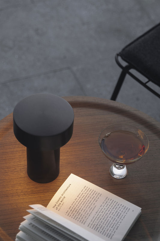 Column Table Lamp Portable Outdoor on side table with drink and book