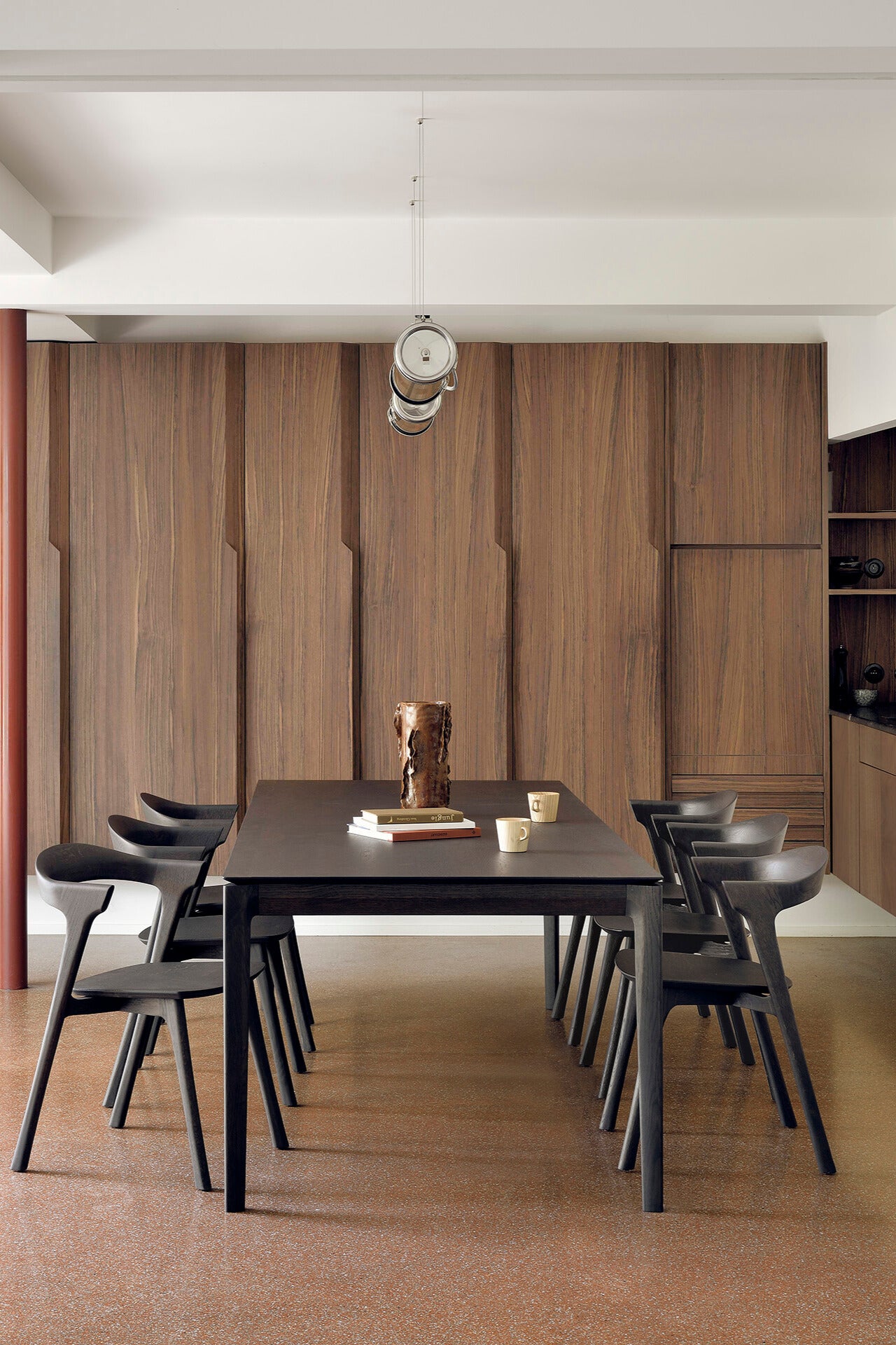 Bok Dining Table Brown Oak in interior setting with the bok dining chairs