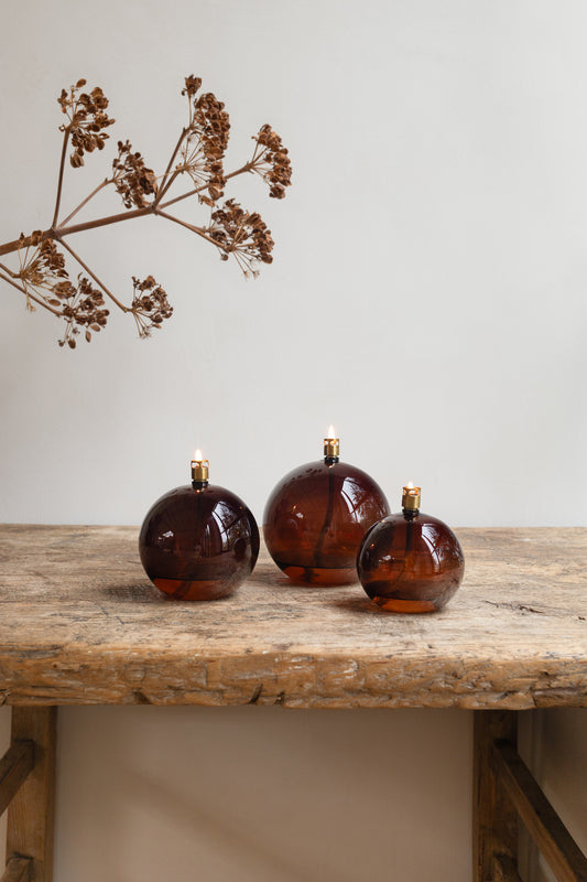 Brown Oil Lamp set of three with flame