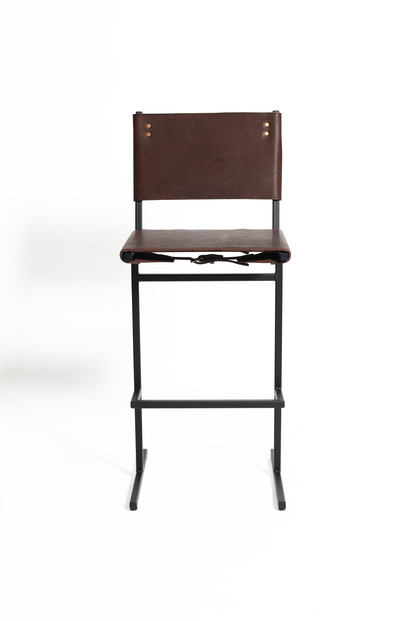 The Memento Bar Stool with Black Frame by WDSTCK. Dark brown upholstery