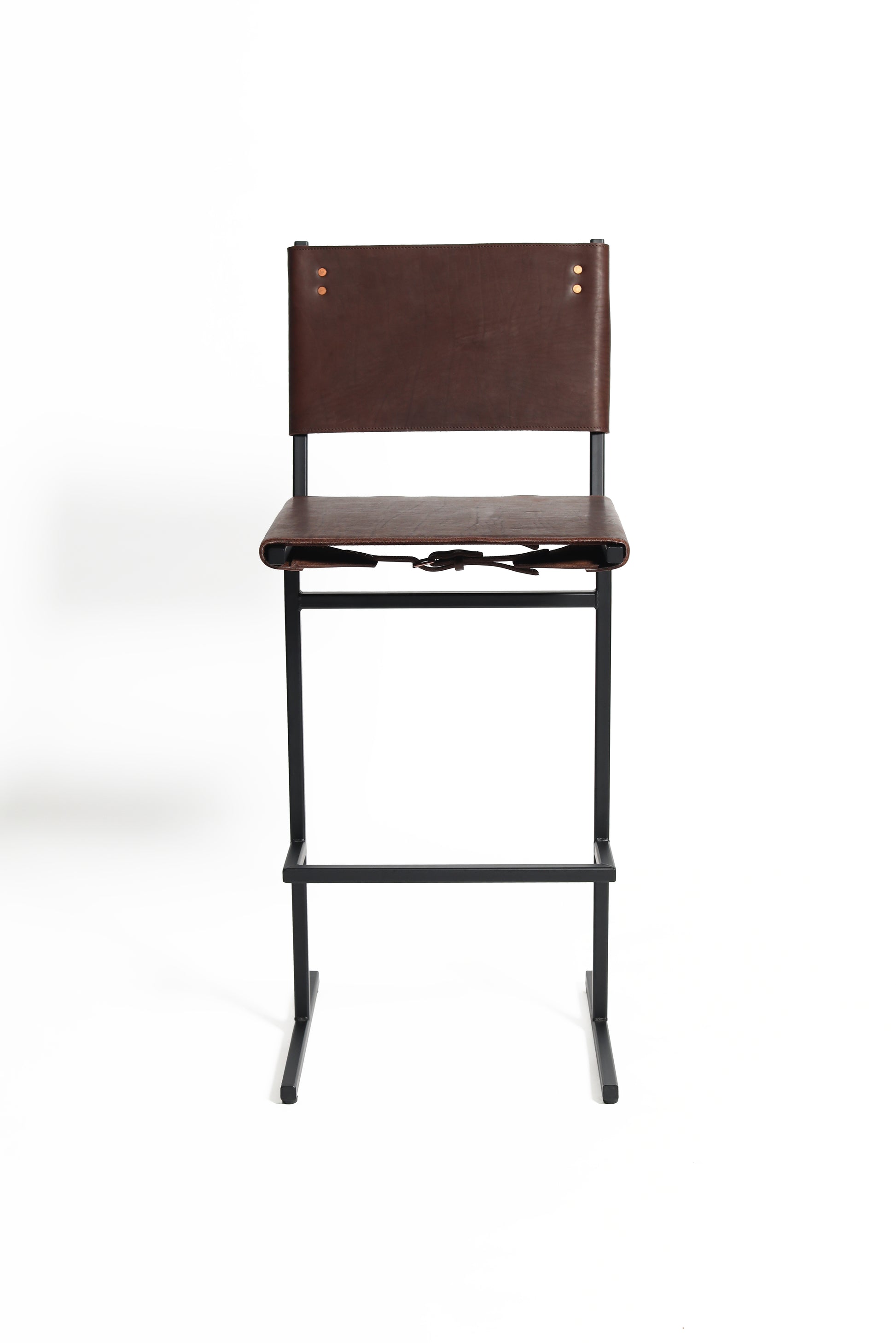 The Memento Bar Stool with Black Frame by WDSTCK. Dark brown upholstery