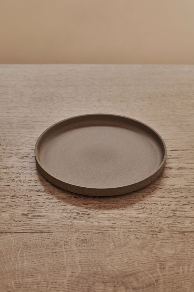Bird-eye view of the Hasami Porcelain Ceramic Japanese Stackable Plate Natural Clay on a wooden table.