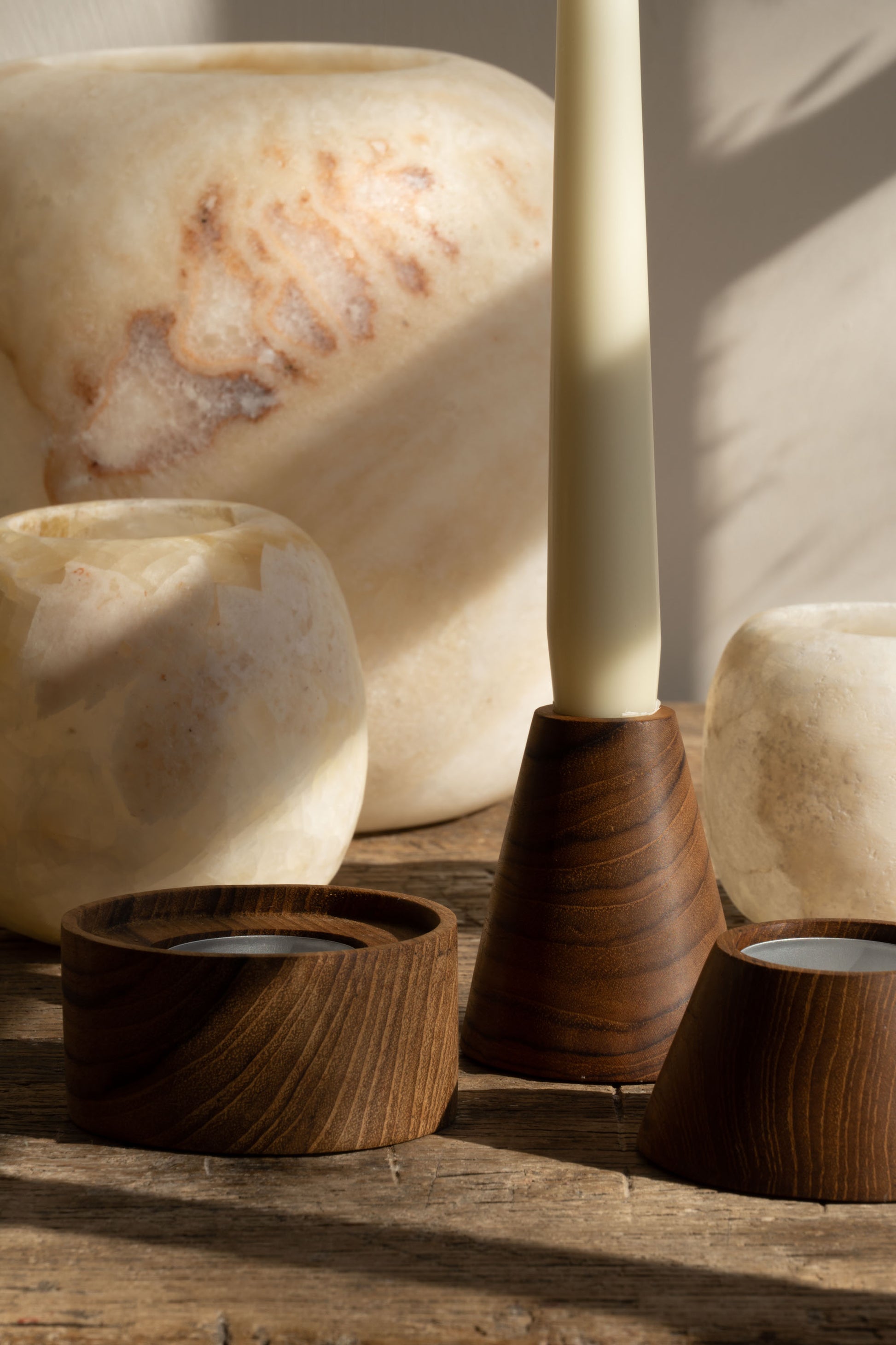 Block Wooden Candleholders Set with Alabaster tea light holders.