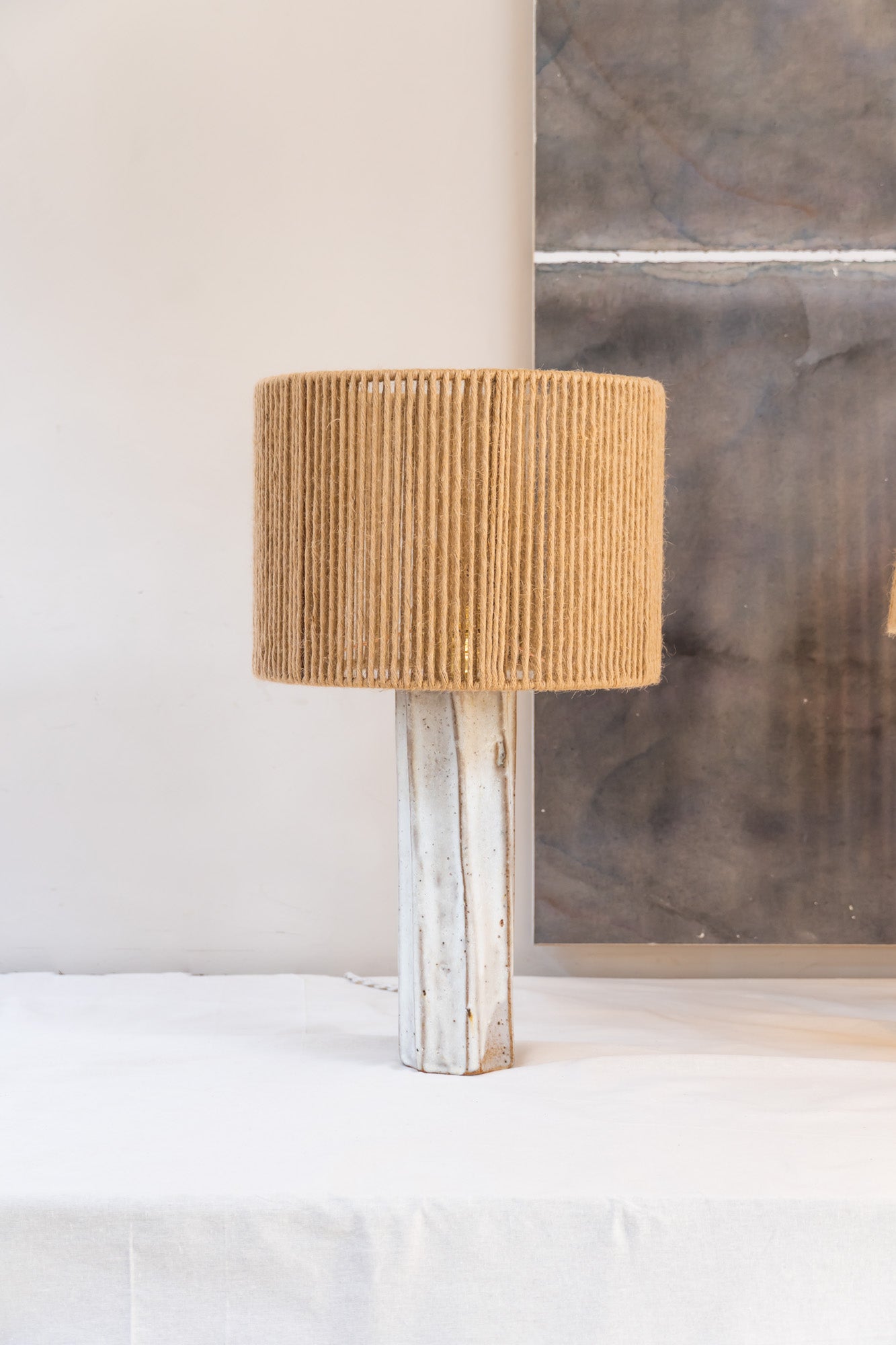 Grès Ceramics Halo Handmade Ceramic Lamp - unique table lamp with a bohemian jute screen