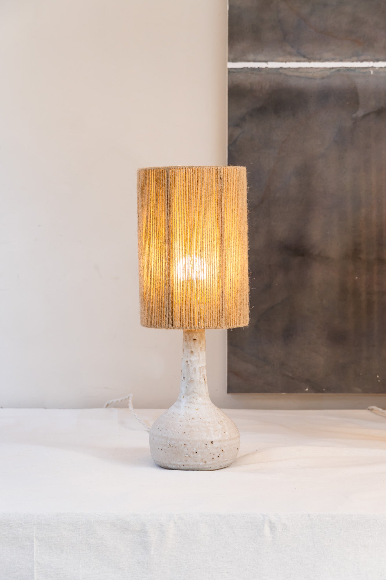 Small handmade ceramic lamp with jute lampshade by Grès Ceramics