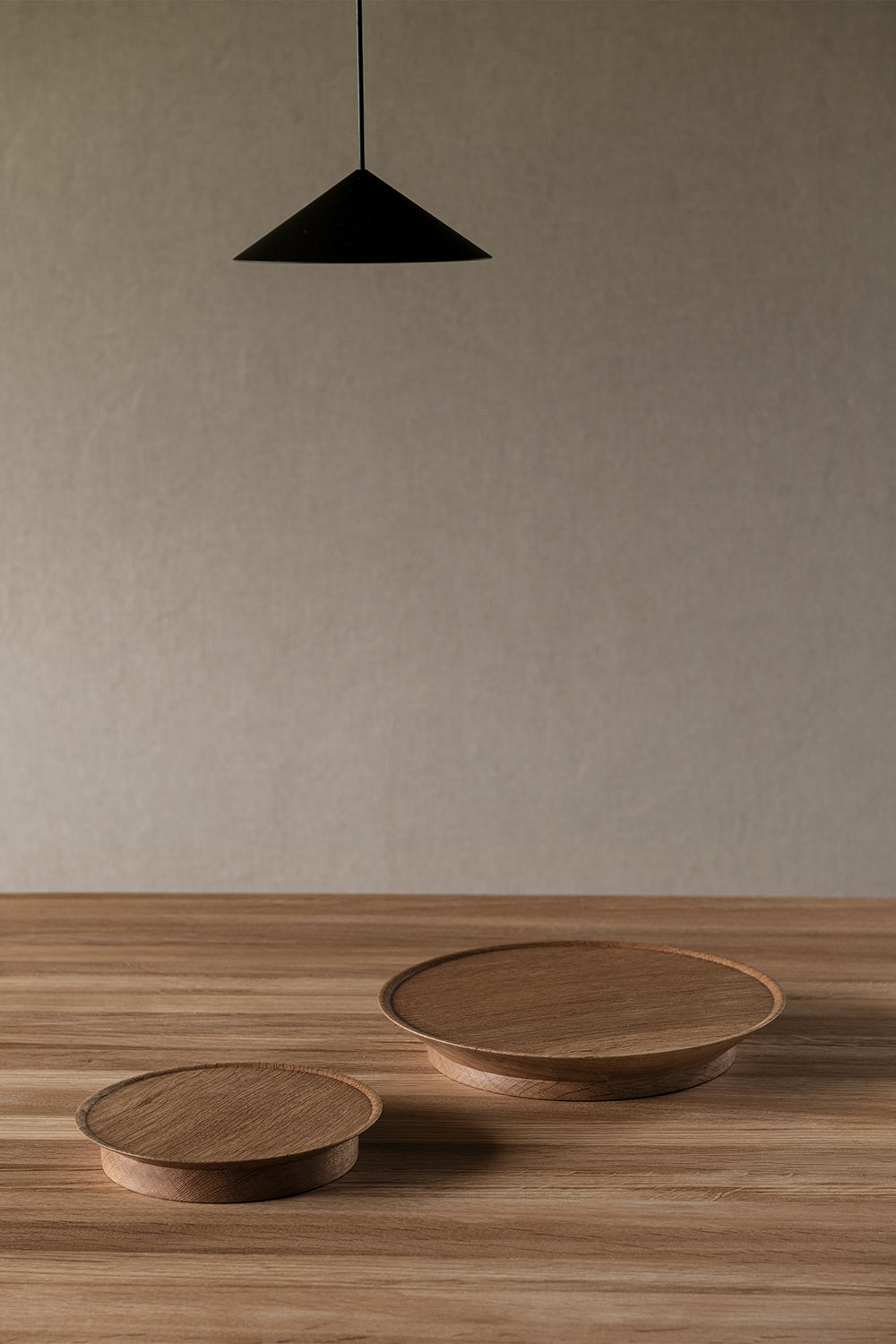 Oak Platter by Bonni Bonne, Japanese style wooden plates set on wooden table