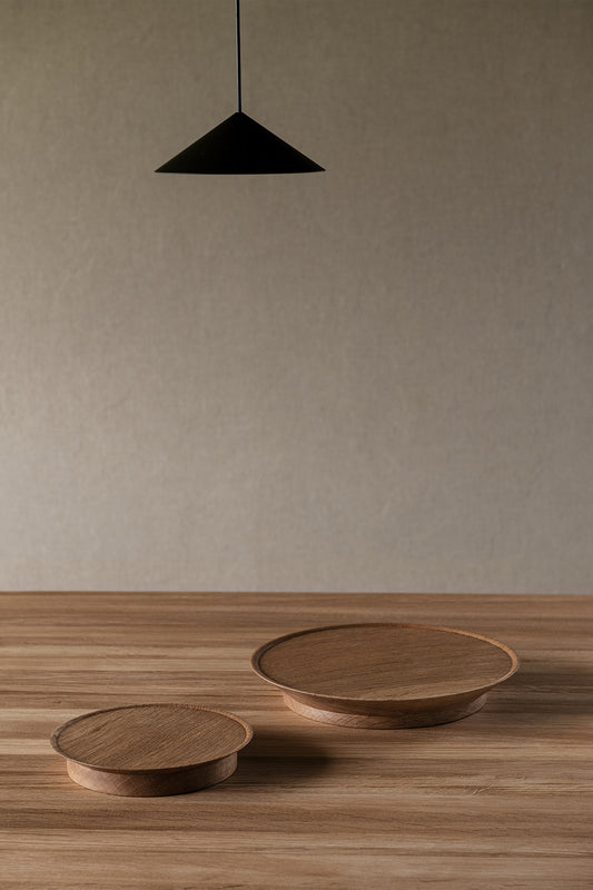 Oak Platter by Bonni Bonne, Japanese style wooden plates set on wooden table