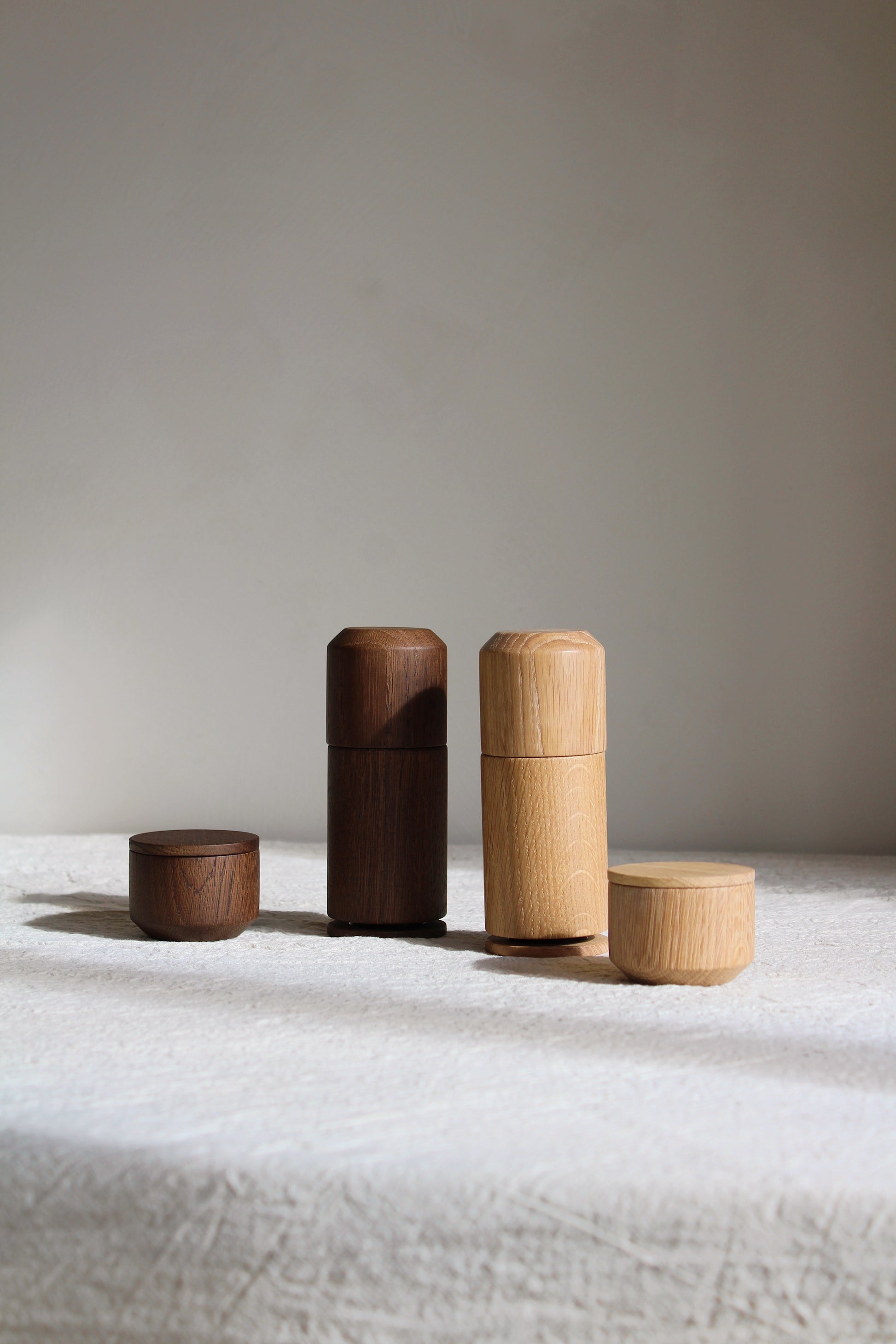 Salt jar and pepper grinder by EKTALIVING dark smoked oak and natural oak