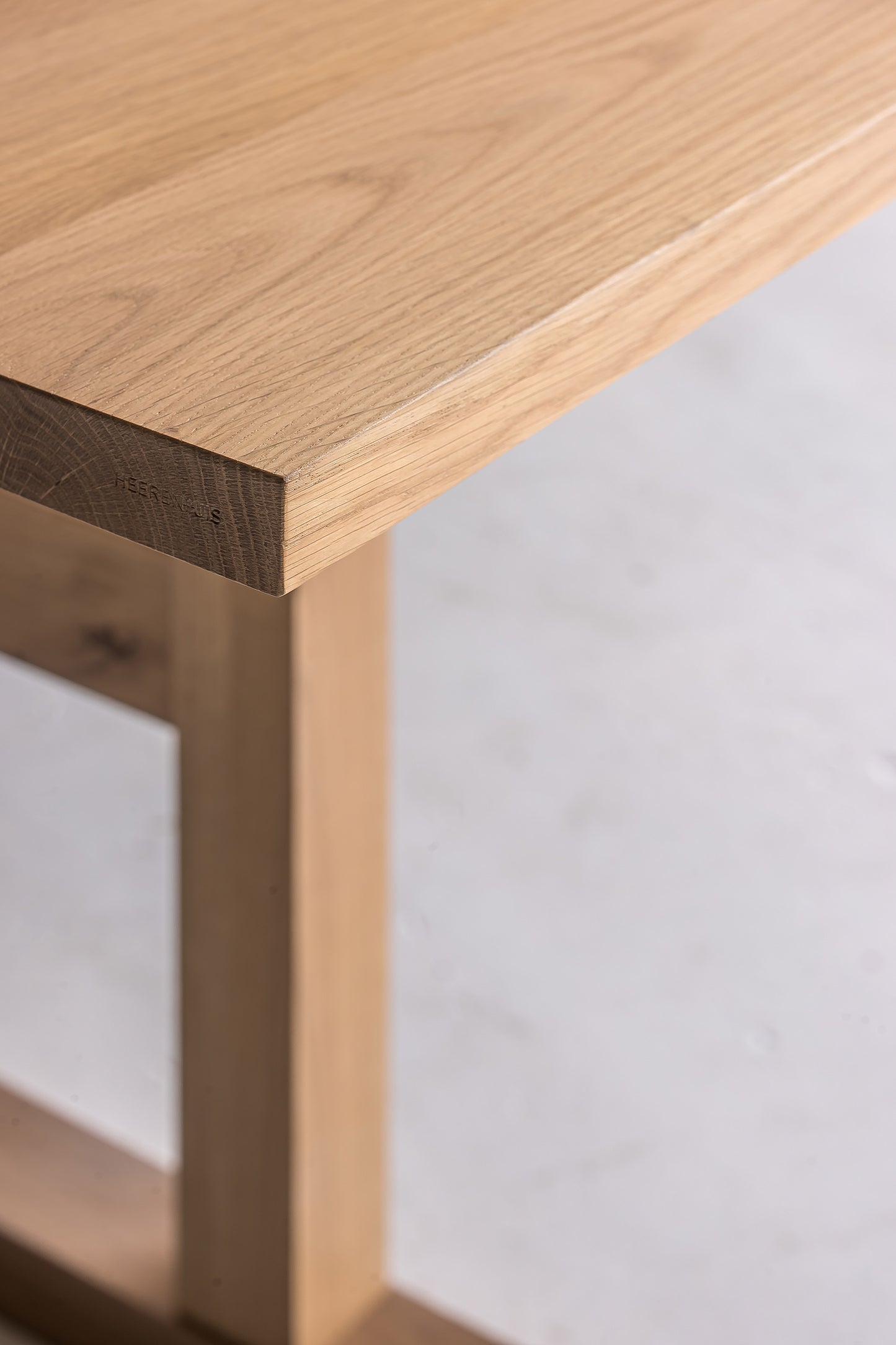 Close-up of the Trappist Table angle. Handcrafted from thick solid oak.