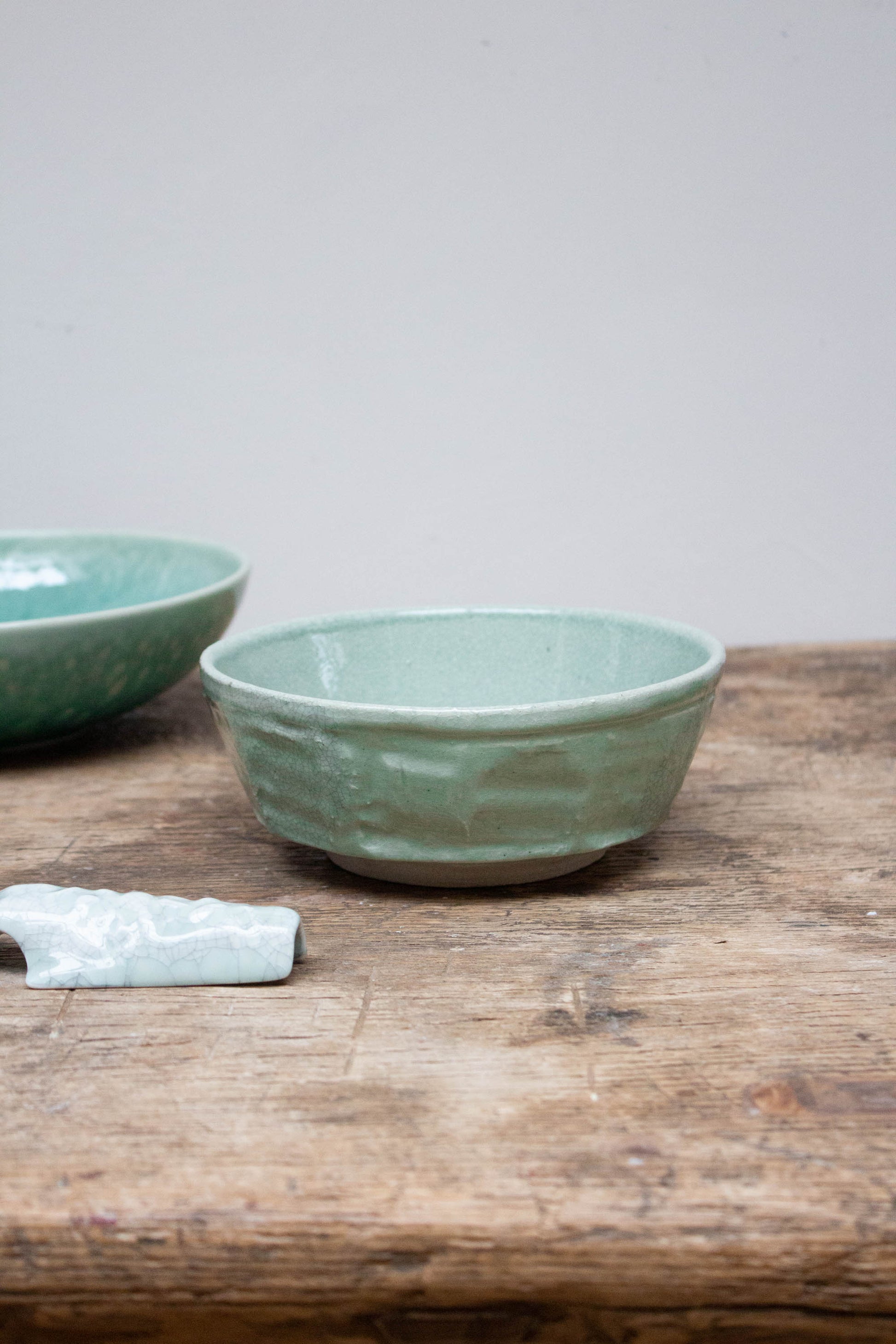 Dashi Bowl Soft Green on wooden table.