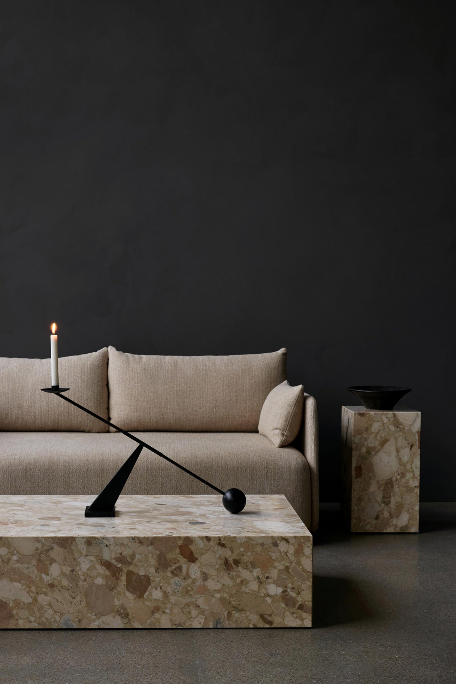 Audo Couch Marble Table and Black Candleholder 