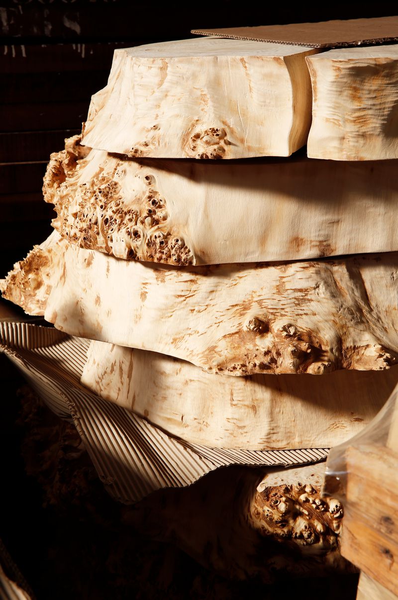 Slices of poplar tree trunks used for the handcrafted Poplar Coffee Tables by Heerenhuis.