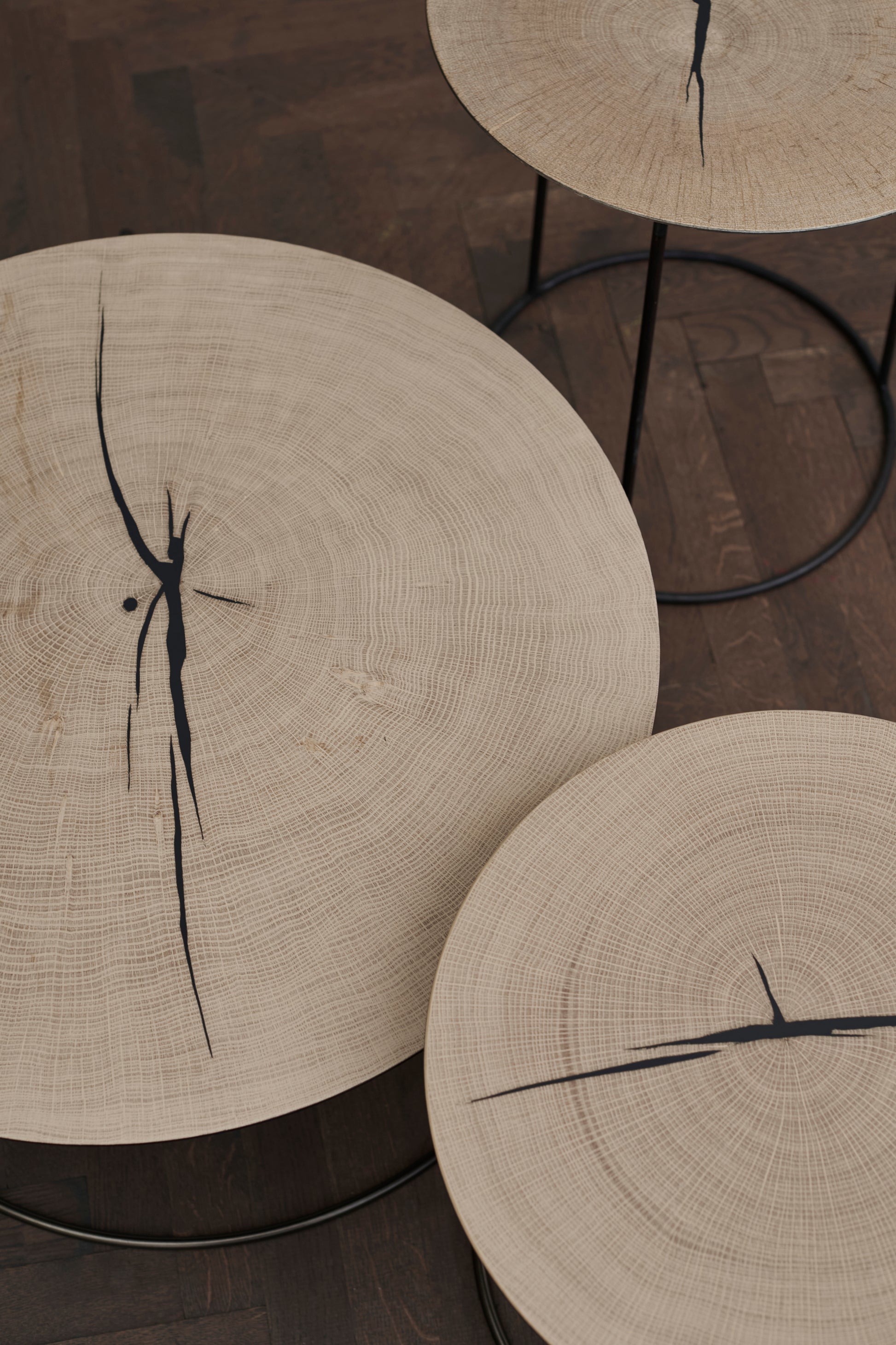 Three different sizes of the Nimbus Coffee Table - clearly showing the beautiful details in the oak wood tabletops.